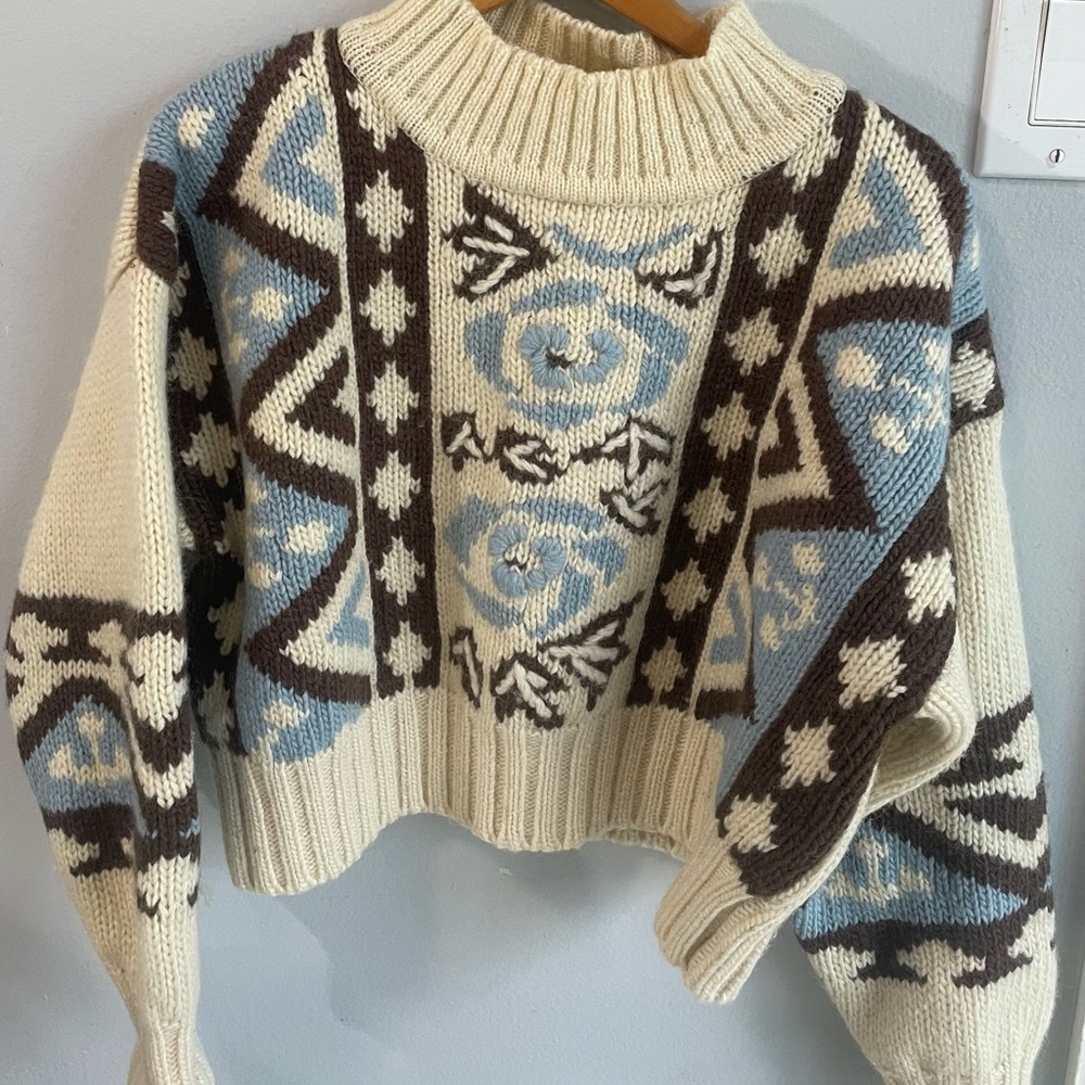 Vintage Espirit Sport Wool Cropped Womens Medium Floral Fair Isle Sweater VTG